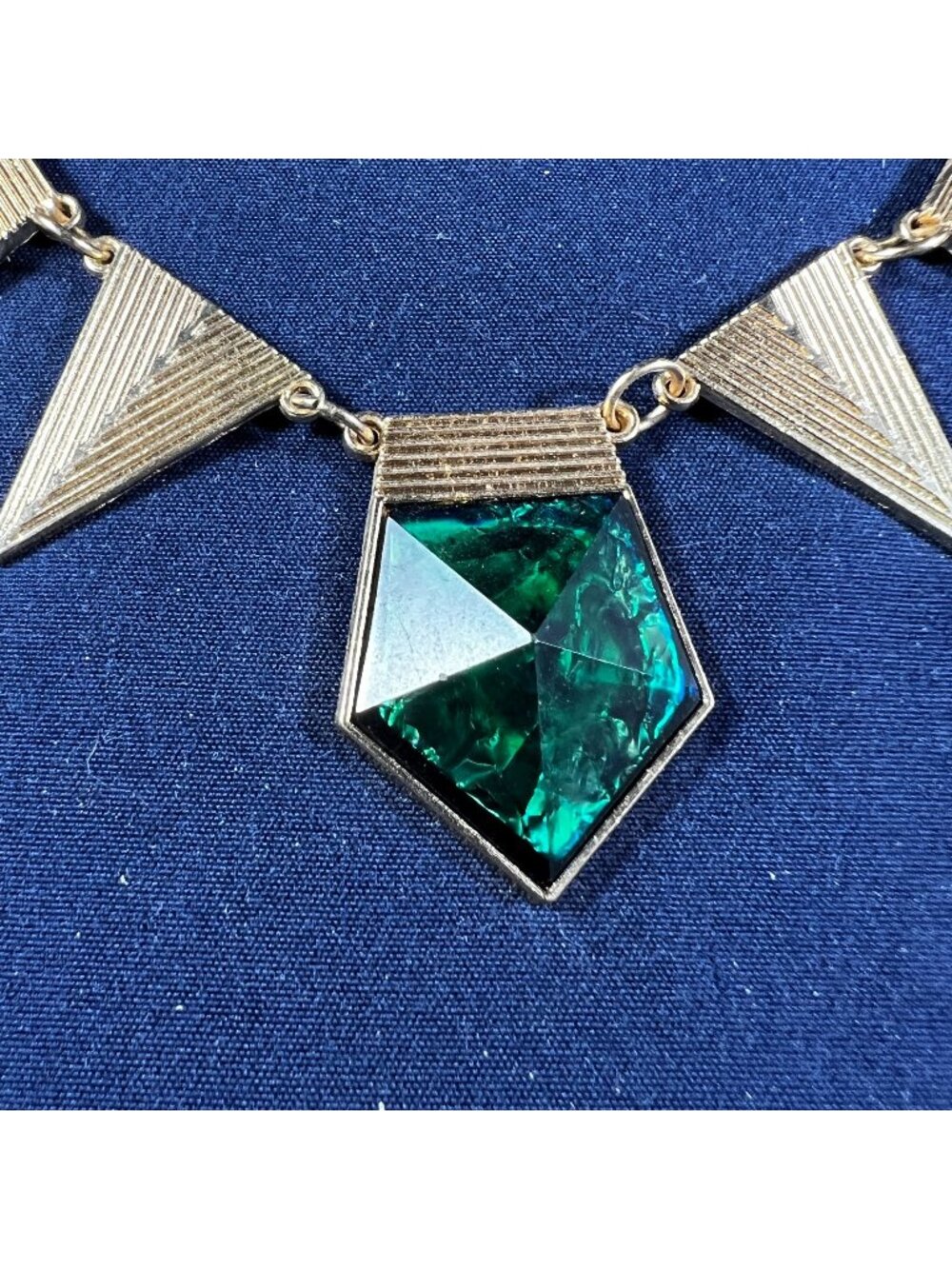 Vintage Gold-Tone Geometric Necklace With Green Gemstone Pendant